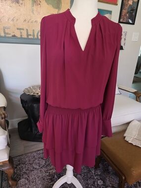 White House Black Market Long Sleeve Tiered Dress in Berry